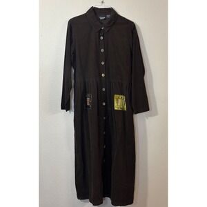 Crossing Pointe Brown Corduroy Button Front Maxi Dress Embroidered Patches Large